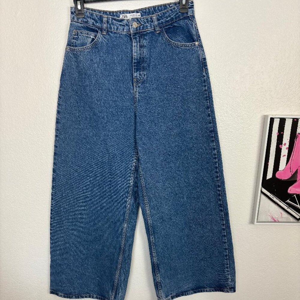 ZARA Wide Leg Jeans High Waisted Paint Medium Wash Womens Size USA 4
